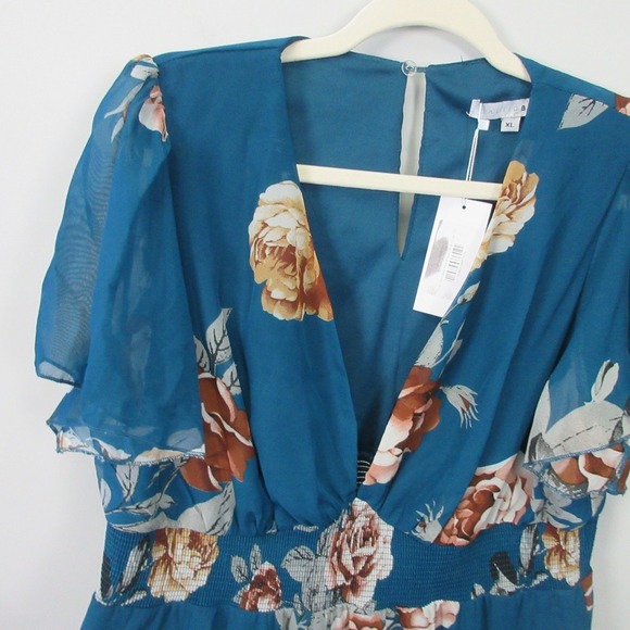 Baltic Born Smocked Midi Dress XL Blue Floral V Neck Boho Summer Party Chic 334 - Picture 4 of 12